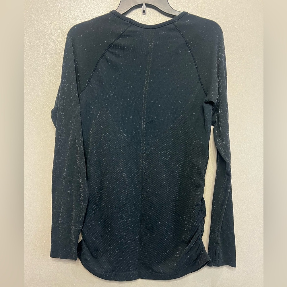Athleta Shine Speedlight Blue Metallic Ruched Shimmer Long Sleeve Stretch Tee - Picture 6 of 6